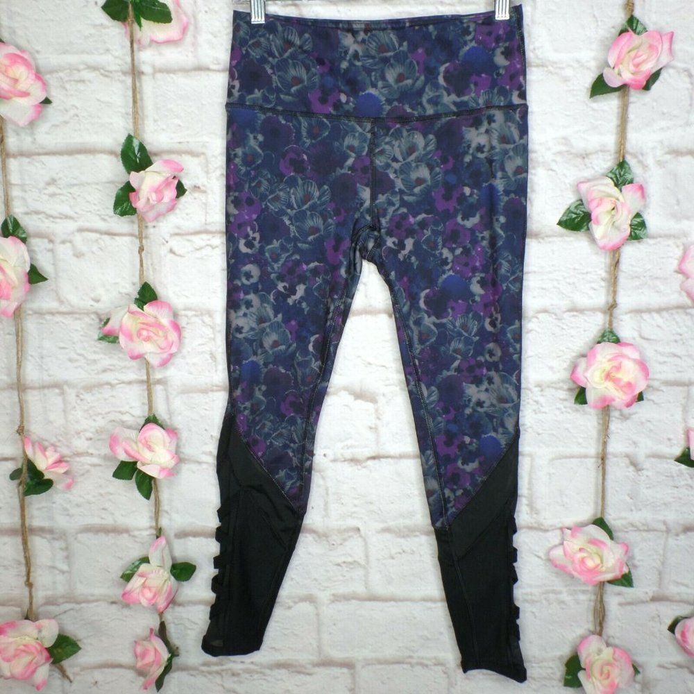 RBX Active sz. M Black Purple Floral Leggings w/ Strappy Leg and Mesh Inserts